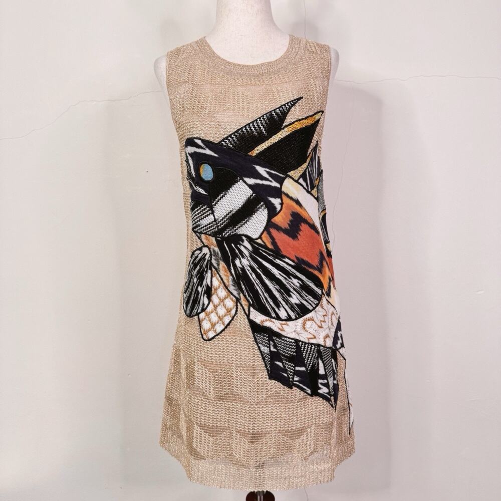 MISSONI Metallic Knit Sleeveless Mini Dress 40 US 4 Gold Graphic Fish Italy RARE